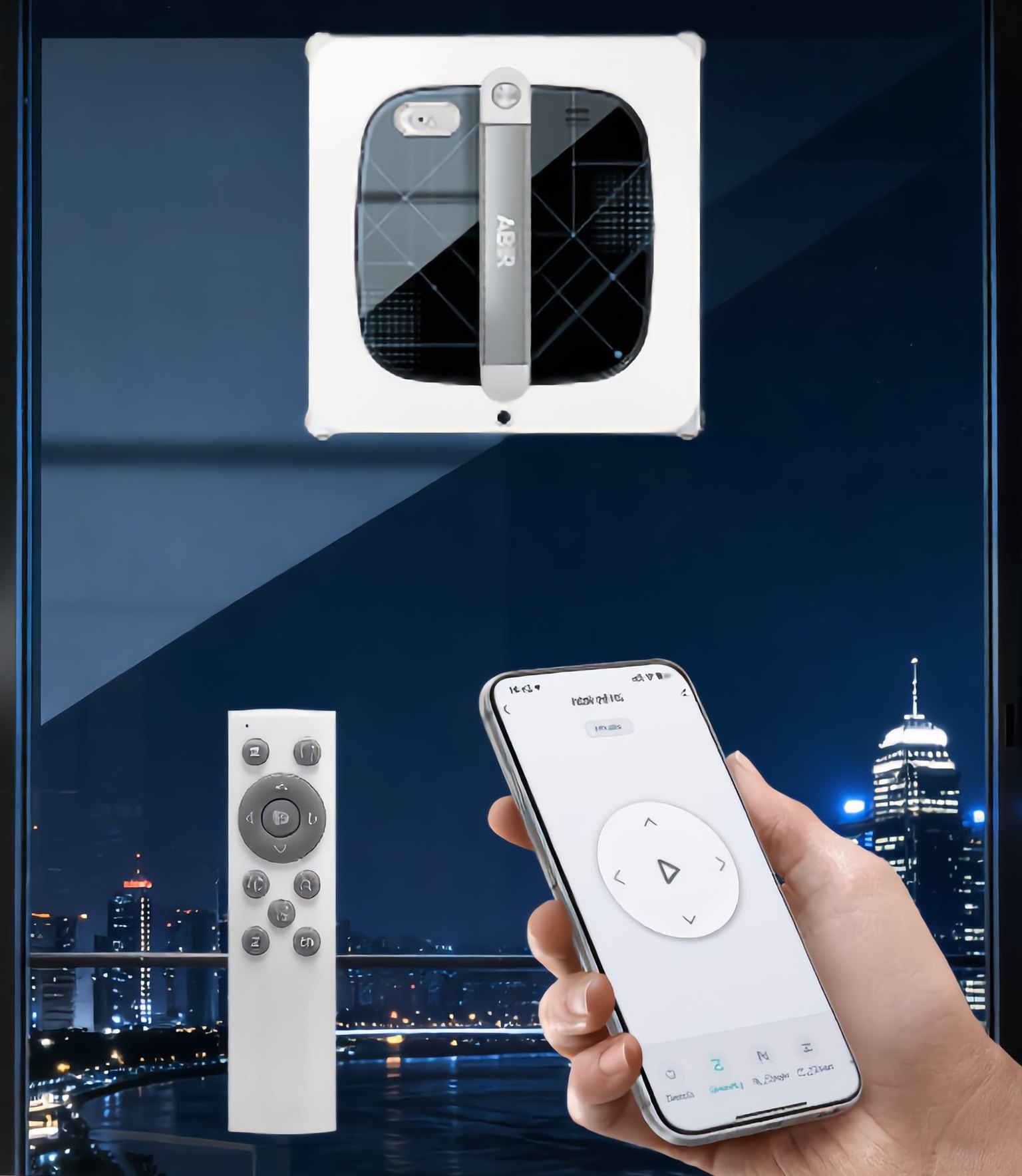 The window washing robot on a window, with its remote control and the phone app