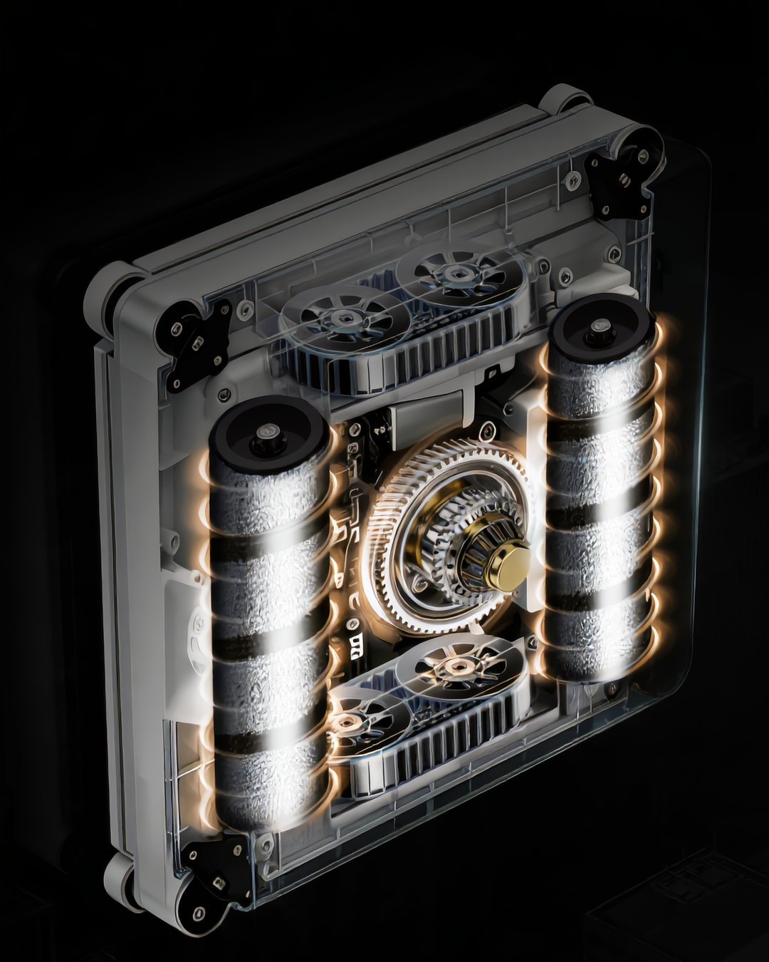 Cutaway render of the window washing robot showing its two roller brushes and center motor