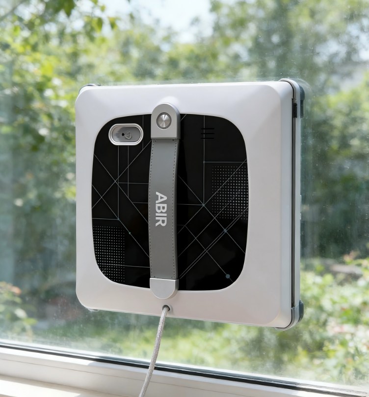 Window washing robot on a large window with a garden view